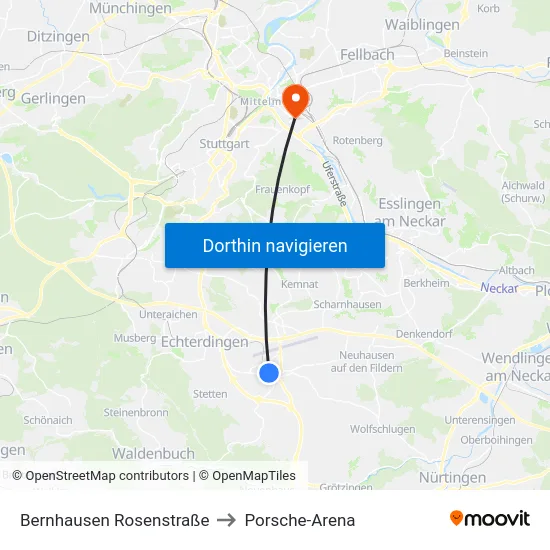 Bernhausen Rosenstraße to Porsche-Arena map