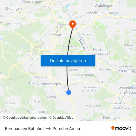 Bernhausen Bahnhof to Porsche-Arena map