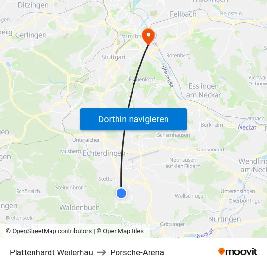 Plattenhardt Weilerhau to Porsche-Arena map