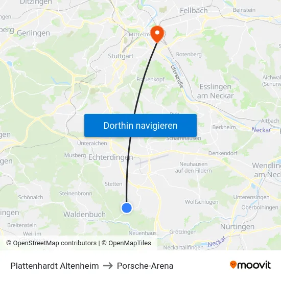 Plattenhardt Altenheim to Porsche-Arena map