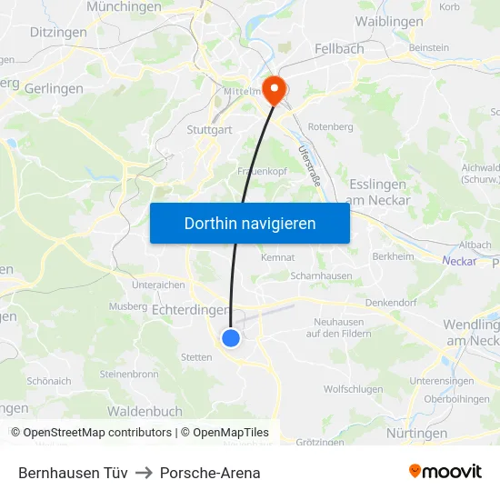 Bernhausen Tüv to Porsche-Arena map