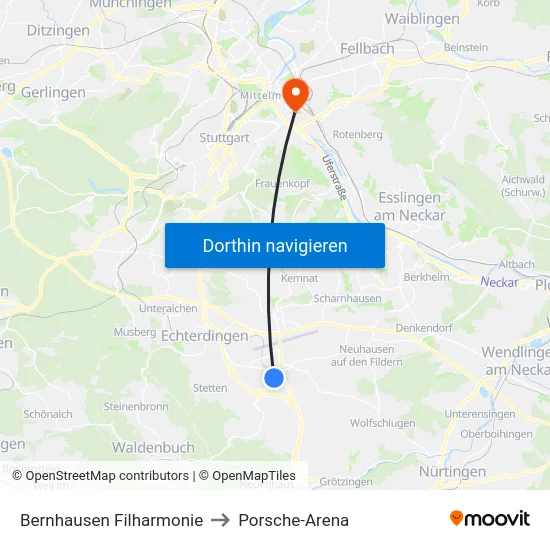 Bernhausen Filharmonie to Porsche-Arena map