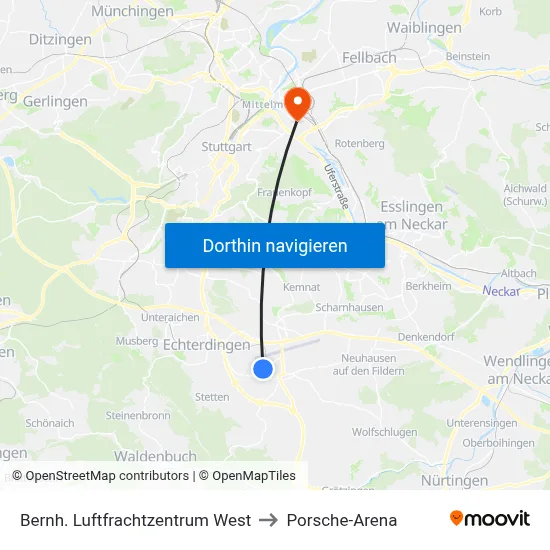 Bernh. Luftfrachtzentrum West to Porsche-Arena map