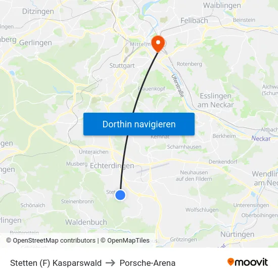 Stetten (F) Kasparswald to Porsche-Arena map