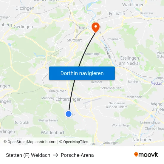 Stetten (F) Weidach to Porsche-Arena map