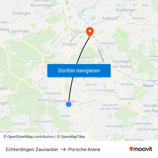 Echterdingen Zaunacker to Porsche-Arena map