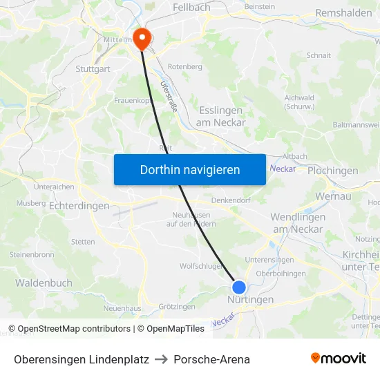 Oberensingen Lindenplatz to Porsche-Arena map