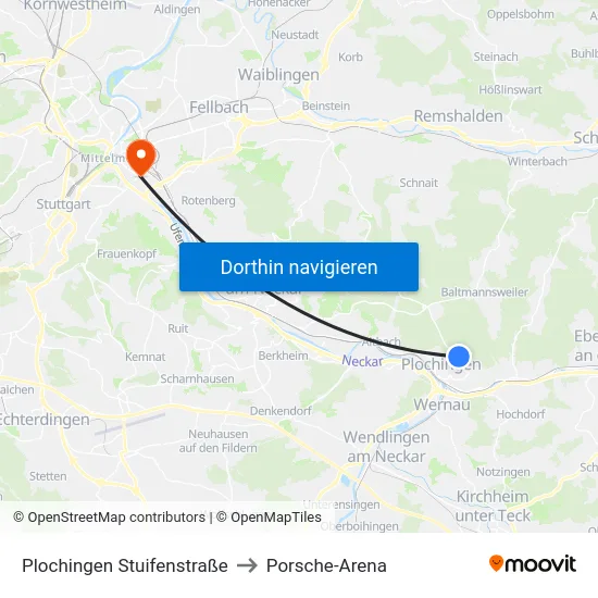 Plochingen Stuifenstraße to Porsche-Arena map