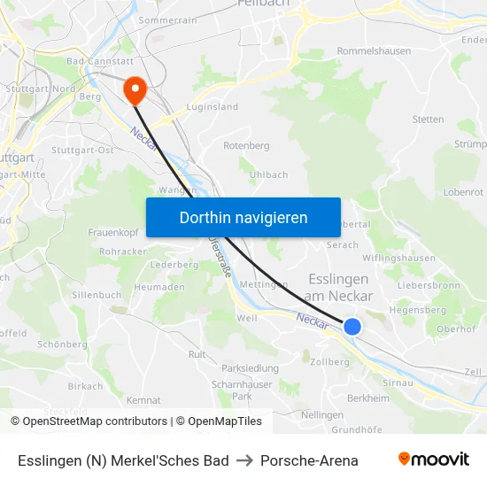 Esslingen (N) Merkel'Sches Bad to Porsche-Arena map