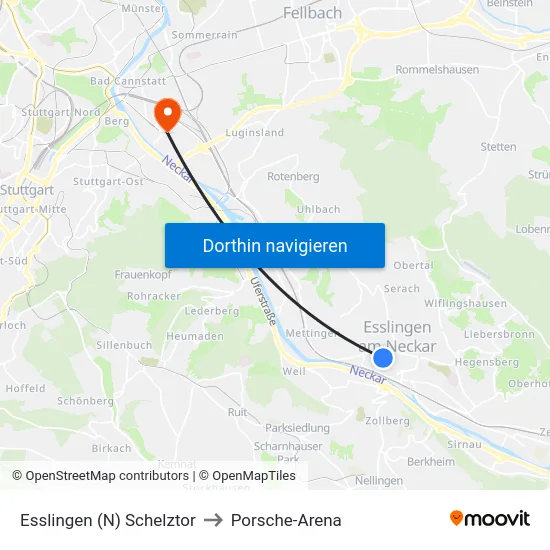 Esslingen (N) Schelztor to Porsche-Arena map