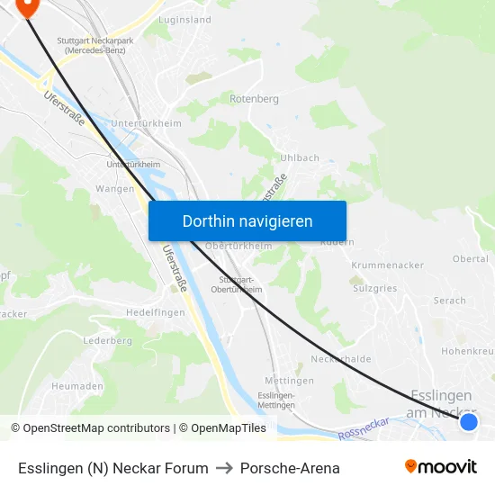 Esslingen (N) Neckar Forum to Porsche-Arena map
