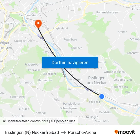 Esslingen (N) Neckarfreibad to Porsche-Arena map