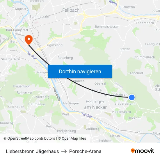 Liebersbronn Jägerhaus to Porsche-Arena map