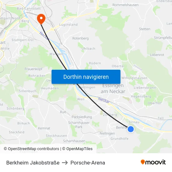 Berkheim Jakobstraße to Porsche-Arena map