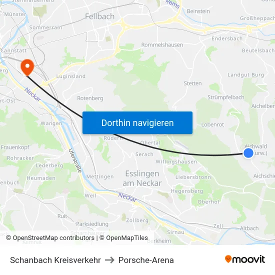 Schanbach Kreisverkehr to Porsche-Arena map