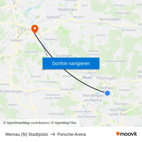 Wernau (N) Stadtplatz to Porsche-Arena map