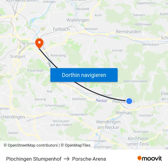 Plochingen Stumpenhof to Porsche-Arena map