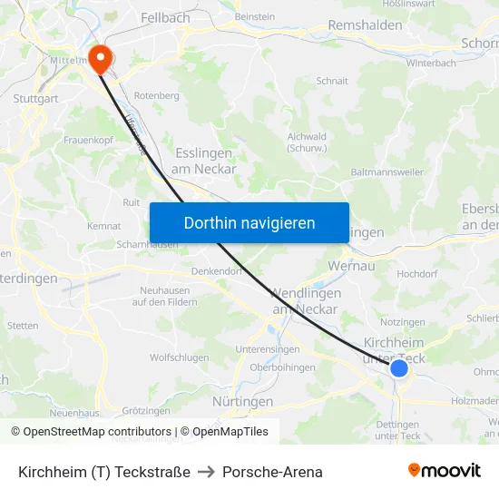 Kirchheim (T) Teckstraße to Porsche-Arena map