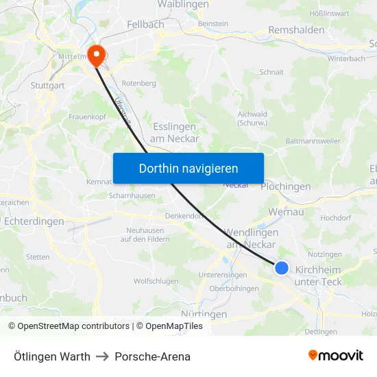 Ötlingen Warth to Porsche-Arena map