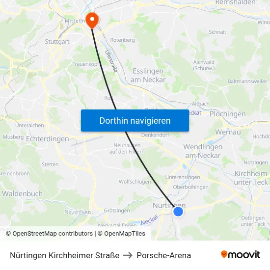 Nürtingen Kirchheimer Straße to Porsche-Arena map