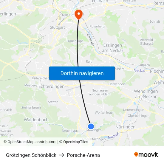 Grötzingen Schönblick to Porsche-Arena map