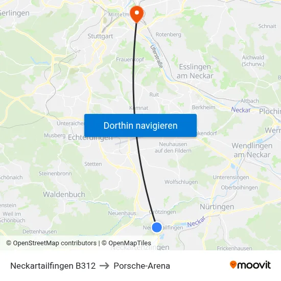Neckartailfingen B312 to Porsche-Arena map