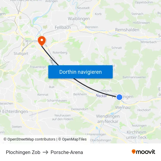 Plochingen Zob to Porsche-Arena map