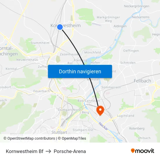 Kornwestheim Bf to Porsche-Arena map