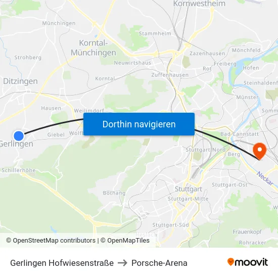 Gerlingen Hofwiesenstraße to Porsche-Arena map