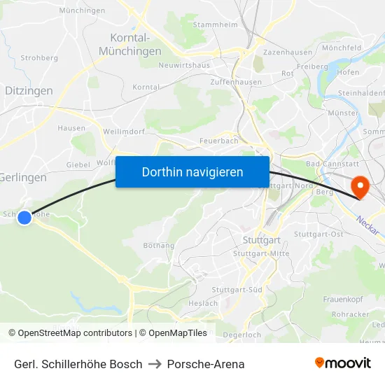 Gerl. Schillerhöhe Bosch to Porsche-Arena map