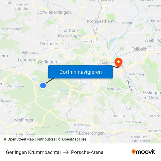 Gerlingen Krummbachtal to Porsche-Arena map