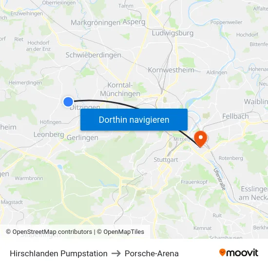 Hirschlanden Pumpstation to Porsche-Arena map