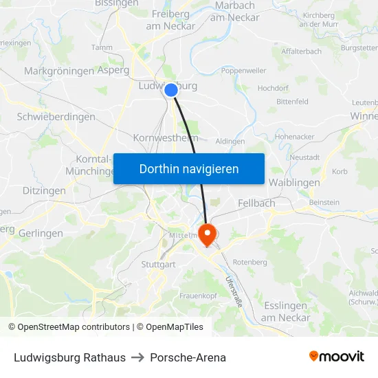 Ludwigsburg Rathaus to Porsche-Arena map