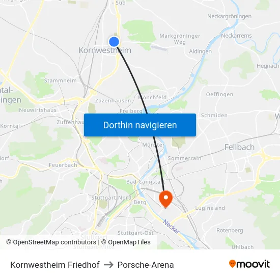 Kornwestheim Friedhof to Porsche-Arena map