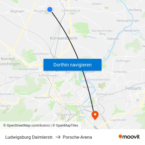 Ludwigsburg Daimlerstr. to Porsche-Arena map