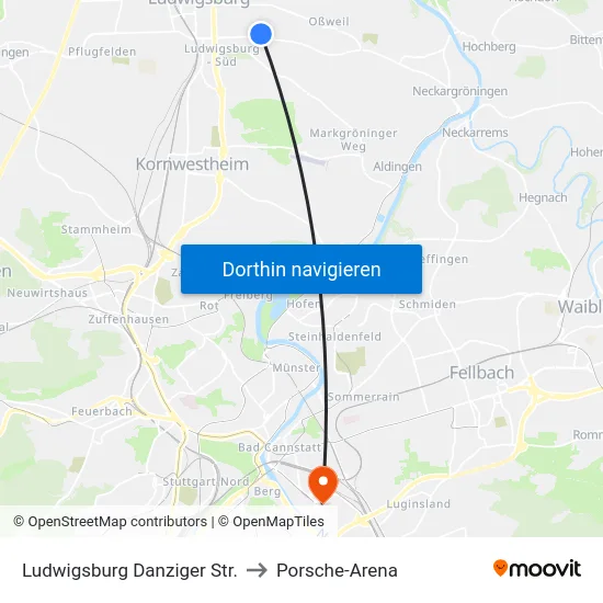 Ludwigsburg Danziger Str. to Porsche-Arena map
