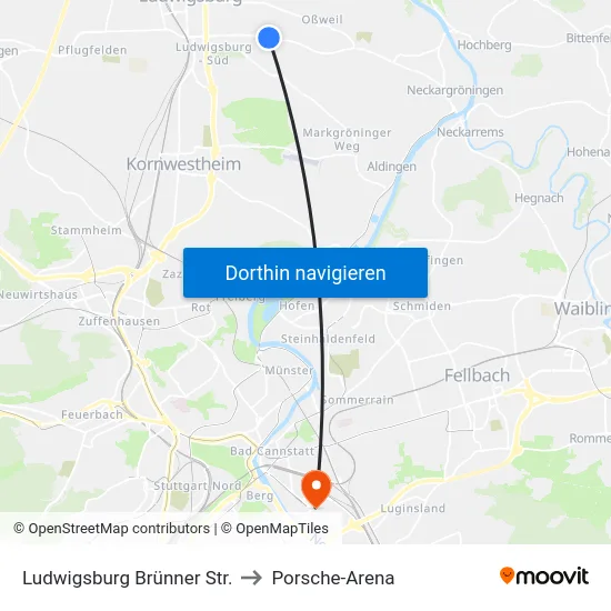 Ludwigsburg Brünner Str. to Porsche-Arena map