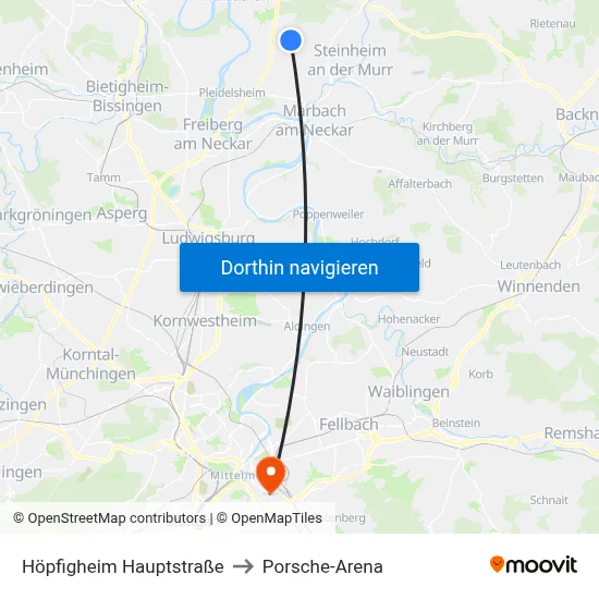 Höpfigheim Hauptstraße to Porsche-Arena map