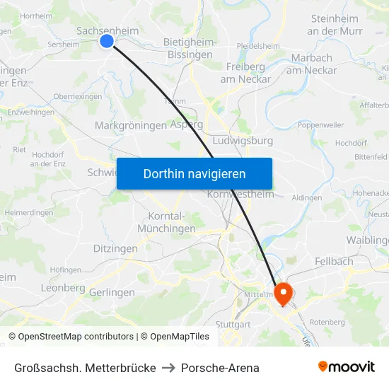 Großsachsh. Metterbrücke to Porsche-Arena map
