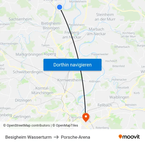 Besigheim Wasserturm to Porsche-Arena map