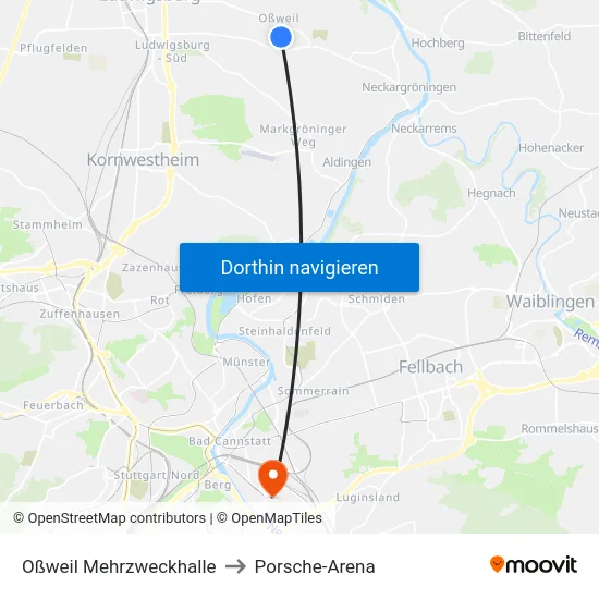 Oßweil Mehrzweckhalle to Porsche-Arena map