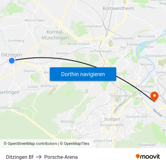 Ditzingen Bf to Porsche-Arena map