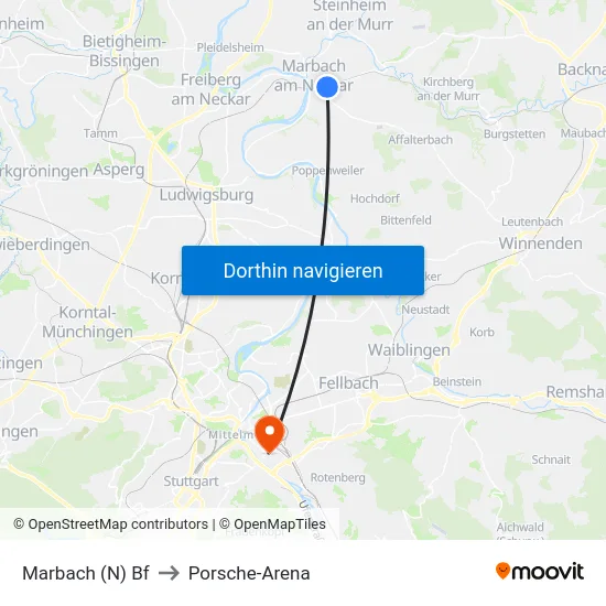 Marbach (N) Bf to Porsche-Arena map