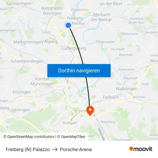 Freiberg (N) Palazzo to Porsche-Arena map