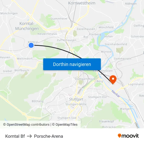 Korntal Bf to Porsche-Arena map