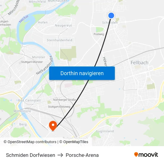 Schmiden Dorfwiesen to Porsche-Arena map