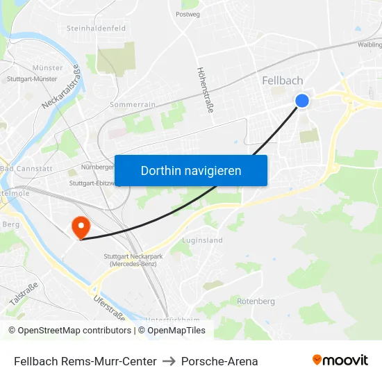 Fellbach Rems-Murr-Center to Porsche-Arena map
