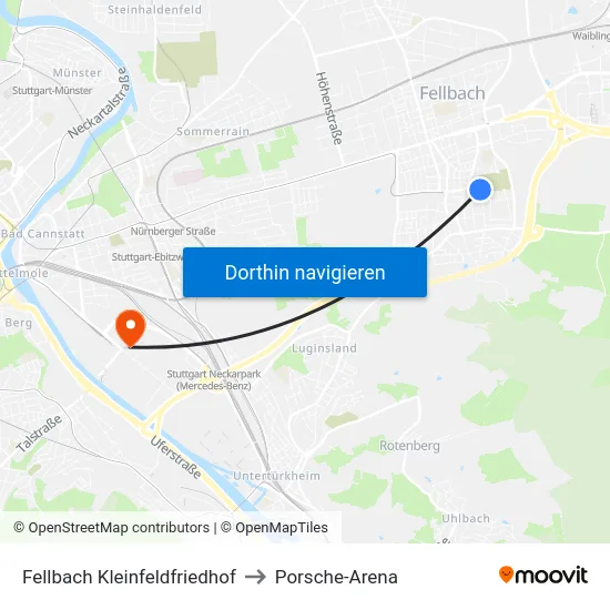 Fellbach Kleinfeldfriedhof to Porsche-Arena map