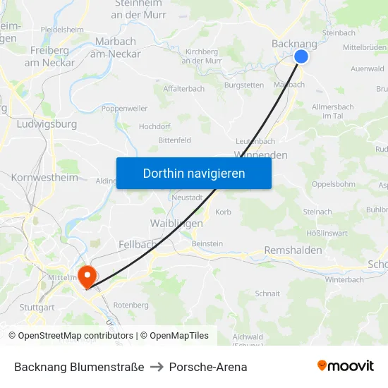 Backnang Blumenstraße to Porsche-Arena map
