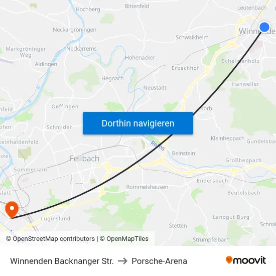 Winnenden Backnanger Str. to Porsche-Arena map